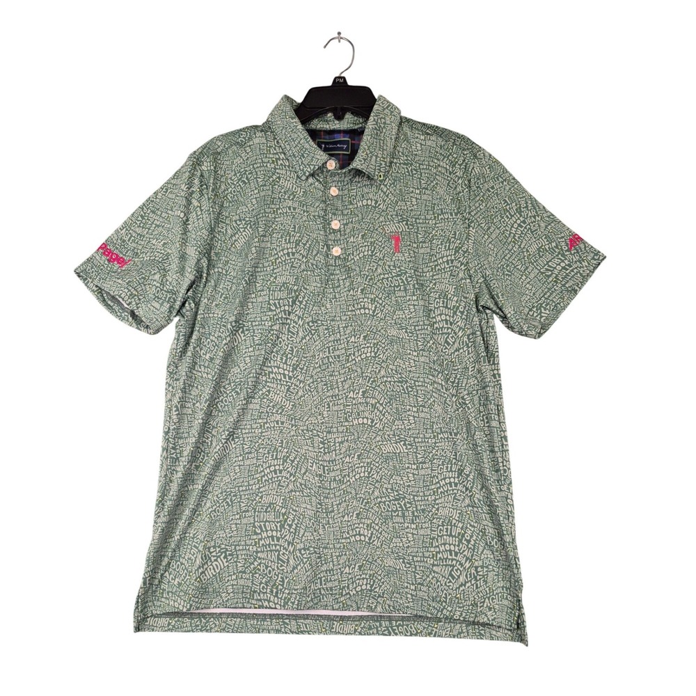 William Murray Golf Polo Shirt Mens Medium Green Typographic Golf Terms Print